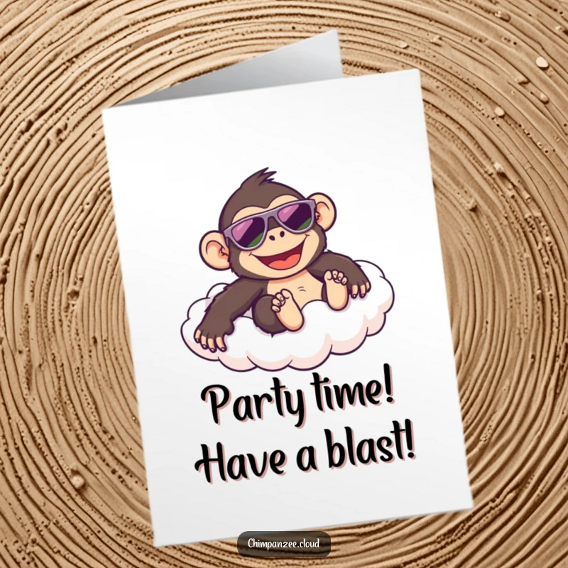 Funny Free Printable Birthday Card: Happy chimpanzee in sunglasses sliding down a cloud, exuding coolness.
