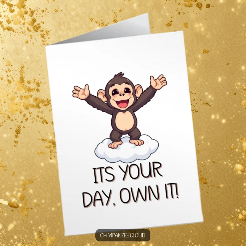 Funny Free Printable Birthday Card: Triumphant chimpanzee stands proudly on a cloud, arms outstretched in victory.