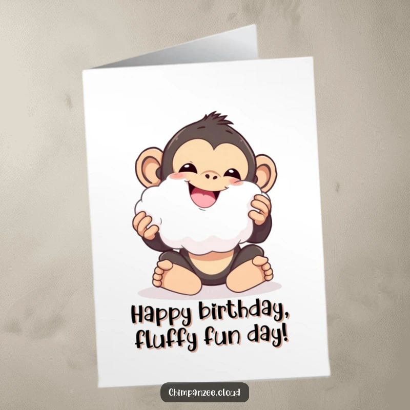 Funny Free Printable Birthday Card: Delighted chimp plays with a ball of cloud fluff, radiating pure birthday happiness.