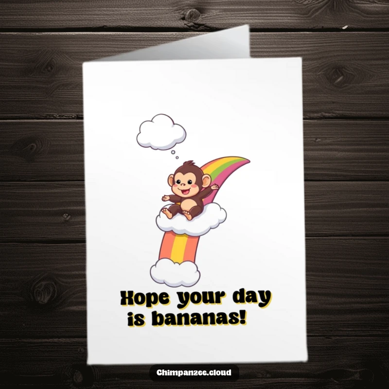 Funny Free Printable Birthday Card: Playful chimpanzee slides down a vibrant rainbow, landing with a smile on a fluffy cloud.