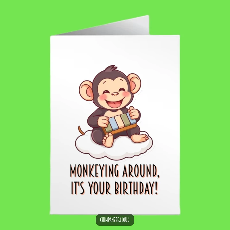 Free Printable Birthday Card: Funny Chimpanzee Xylophone Cloud, Perfect Downloadable Gift!