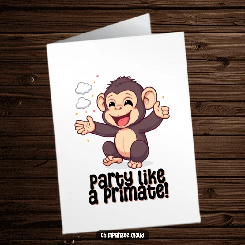 Funny Free Printable Birthday Card: A happy chimpanzee cheers amidst tiny cloud confetti, celebrating a special occasion. A fun downloadable gift.