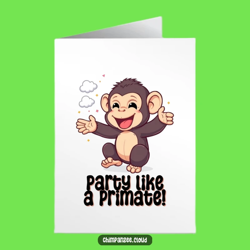 Free Printable Birthday Card: Cheerful Chimp Party - Funny Downloadable Gift