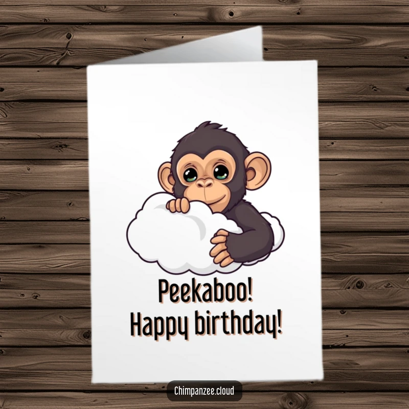 Funny Free Printable Birthday Card: A chimpanzee curiously peeking from behind a large, fluffy cloud, a playful and intriguing birthday wish.