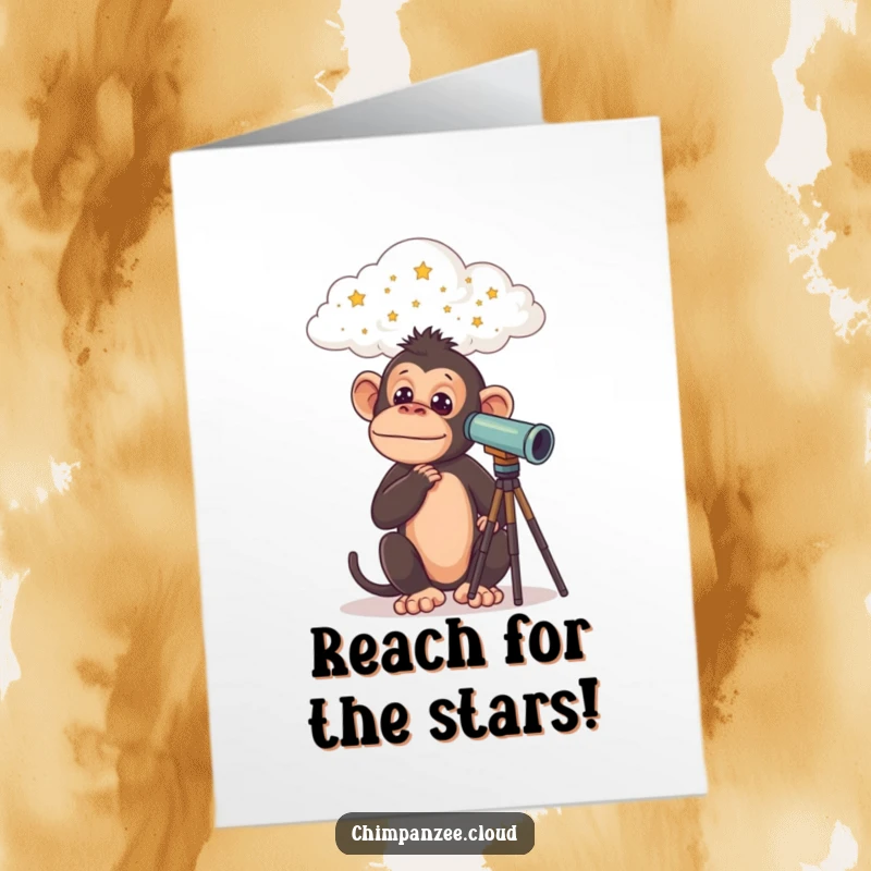 Funny Free Printable Birthday Card: A curious chimp on a cloud uses a telescope to view stars, celebrating a birthday wish. Downloadable art.