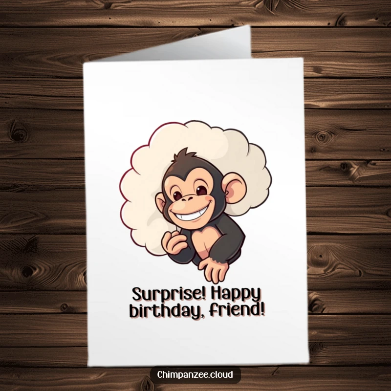 Funny Free Printable Birthday Card: Mischievous chimpanzee peeking from behind a cloud with a wide, cheeky grin.