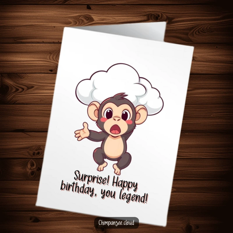 Funny Free Printable Birthday Card: Surprised chimpanzee gently lifted by a cloud, celebrating with wide eyes.