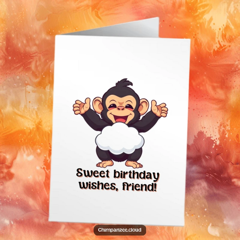 Funny Free Printable Birthday Card: Delighted chimpanzee offers a fluffy cloud puff, spreading birthday cheer.
