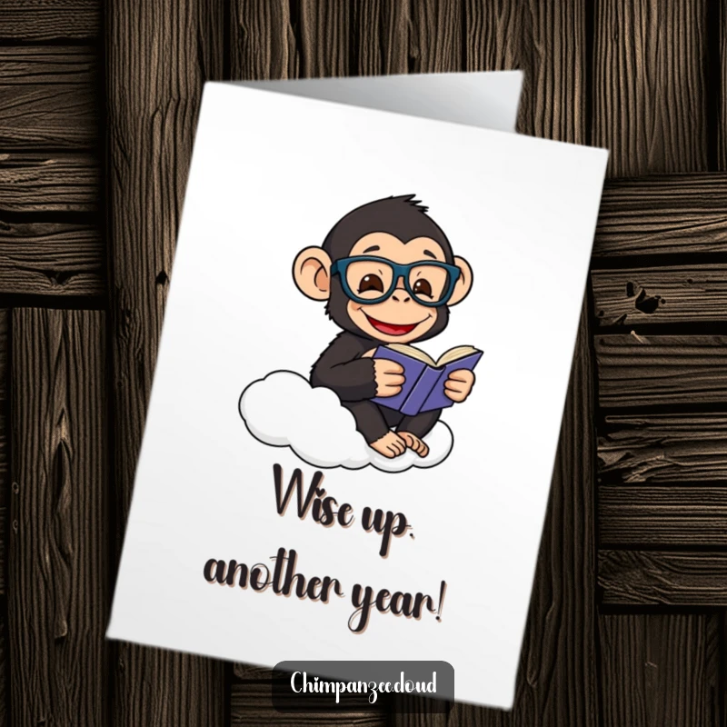 Funny free printable birthday card: a happy chimpanzee in glasses reads a book while perched on a cloud.