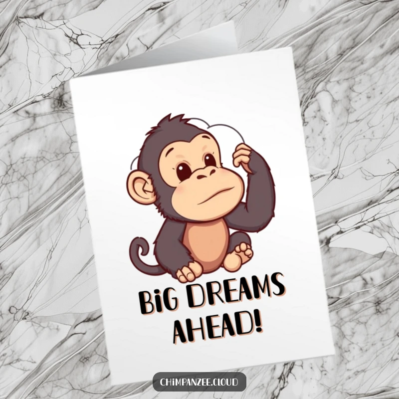 Funny Free Printable Congratulations Card: A pensive chimpanzee observing a cloud formation, pondering your immense success with a gentle expression.