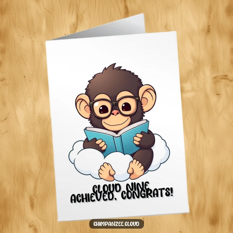 Funny Free Printable congratulations card showing a chimp in glasses reading a book on a cloud.