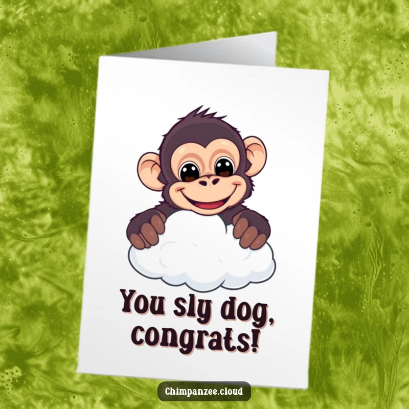 Funny Free Printable Congratulations Card: A happy chimpanzee's face humorously peering over a cloud, sporting a wide grin.