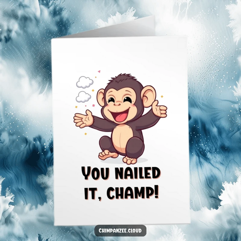 Funny Free Printable Congrats Card: A chimpanzee gleefully cheers surrounded by tiny cloud confetti, marking a grand success. A downloadable gift.