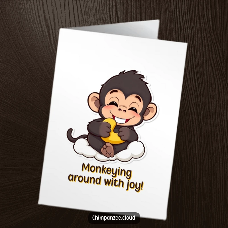 Funny Free Printable Congrats Card: A grinning chimp holding a banana, looking relaxed on a cloud, celebrating success.