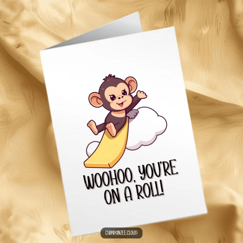 Funny Free Printable Congratulations Card: A chimpanzee is pictured mid-slide, joyfully descending a soft, cloud-like structure.