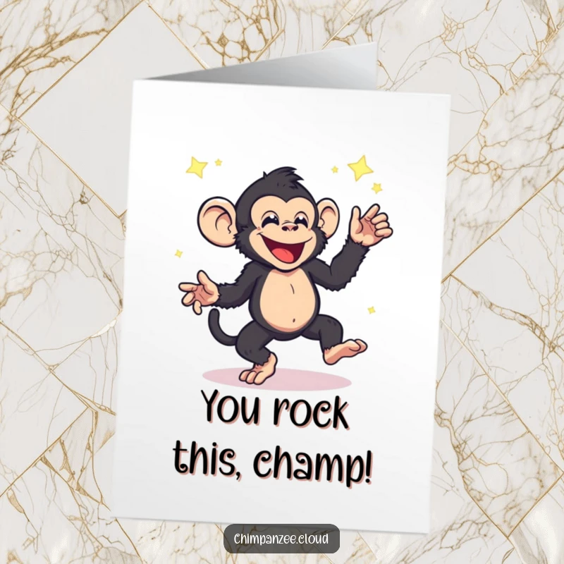 Funny Free Printable Congratulations Card: Ecstatic chimpanzee grooving through glittering star dust, spreading pure joy.