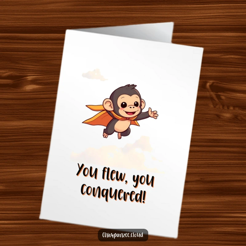 Funny Free Printable Congratulations Card: Cute chimpanzee in a tiny cape, flying through clouds, celebrating success. Downloadable art.