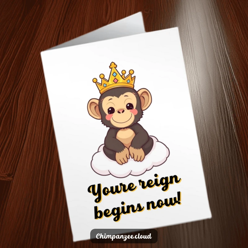 Funny free printable congratulations card with a chimpanzee king in a crown on a cloud throne, celebrating success.