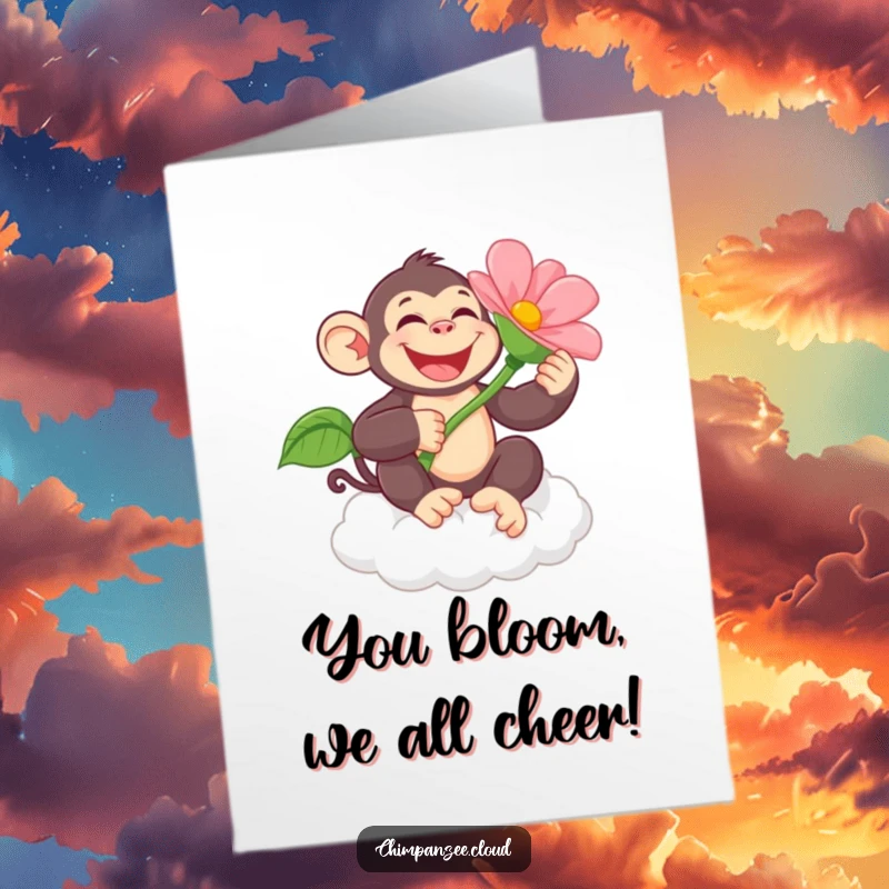 Funny Free Printable Congratulations Card: Joyful chimpanzee holding a giant flower on a cloud, cheering for success. Downloadable art.