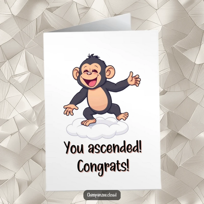 Funny Free Printable Congratulations Card: Ecstatic chimpanzee dancing with glee on a cloud, celebrating your amazing achievement with pure joy.