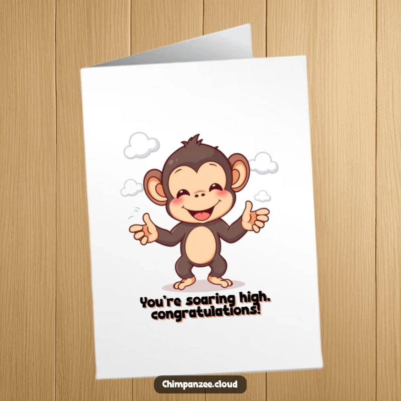 Funny Free Printable Congratulations Card of a cheerful chimpanzee juggling small, soft clouds with a big smile.