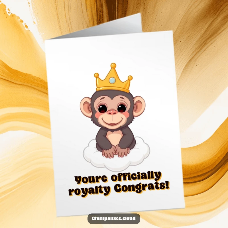 Funny Free Printable Congratulations Card: Chimpanzee wearing a small crown floats serenely on a cloud, celebrating victory.