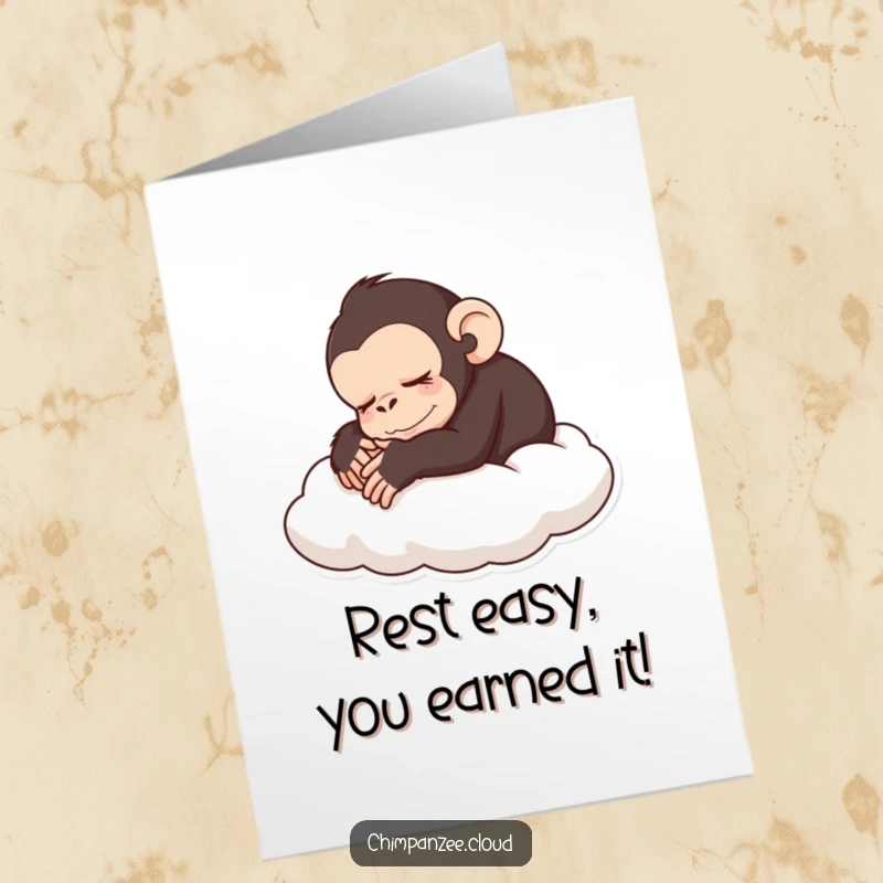 Funny Free Printable Congrats Card: A serene chimpanzee sleeping peacefully on a fluffy cloud, celebrating quietly.