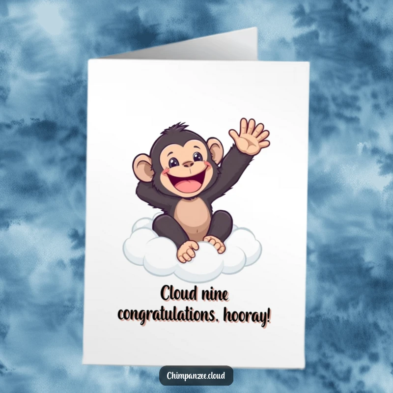 Funny Free Printable Congrats Card: A smiling chimpanzee excitedly waving from a cloud, cheering for an achievement.