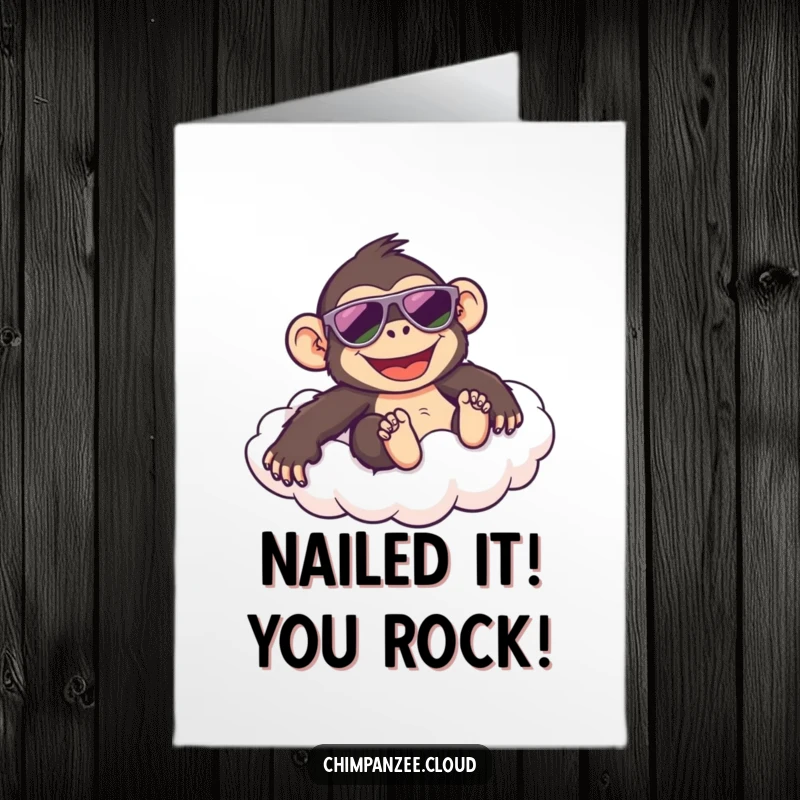 Funny Free Printable Congratulations Card: Happy chimpanzee in sunglasses sliding down a cloud, celebrating success.