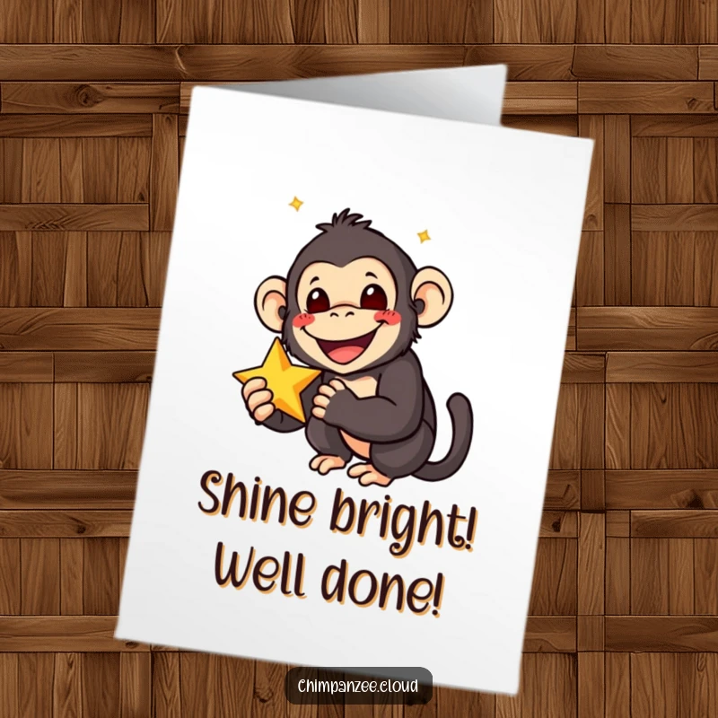 Funny Free Printable Congratulations Card: Smiling chimpanzee holding a star with wide eyes, expressing pure delight.