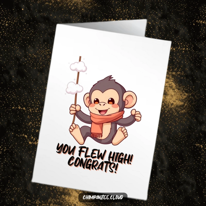 Funny Free Printable Congratulations Card: Playful chimpanzee in scarf swinging from cloud wisps, celebrating accomplishment.