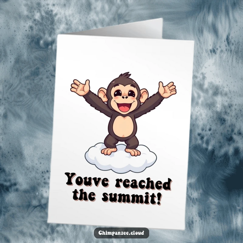 Funny Free Printable Congratulations Card: Triumphant chimpanzee stands victoriously on a cloud, arms wide celebrating success.