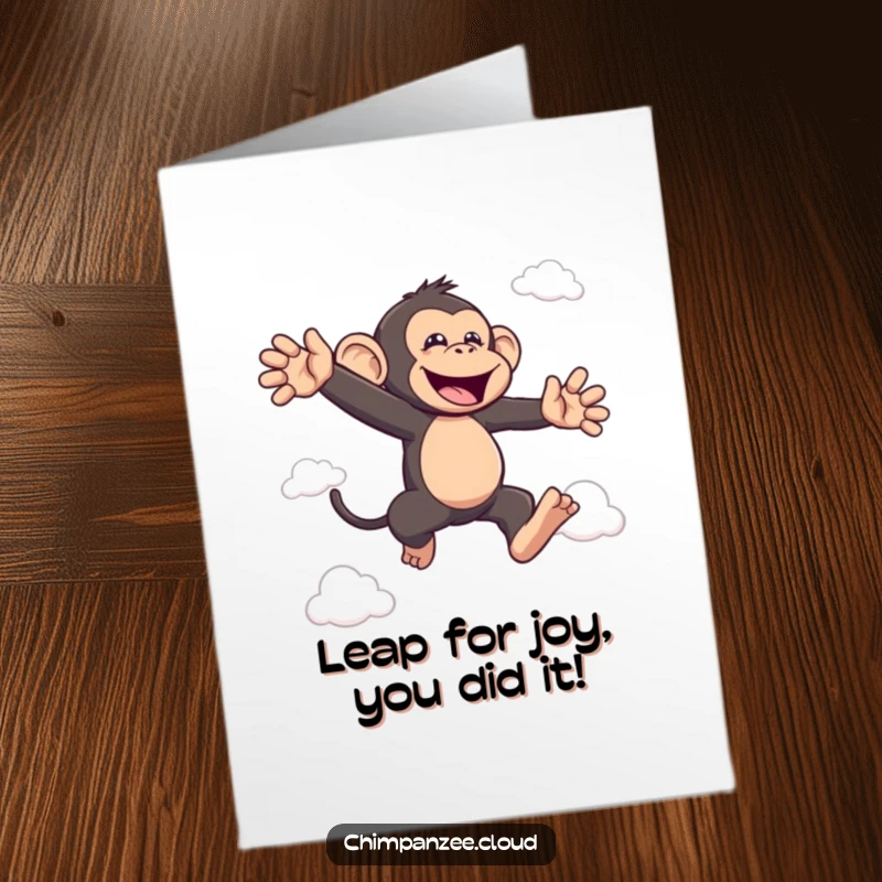 Funny Free Printable Congrats Card: A happy chimpanzee character leaping high between clouds, celebrating an achievement.