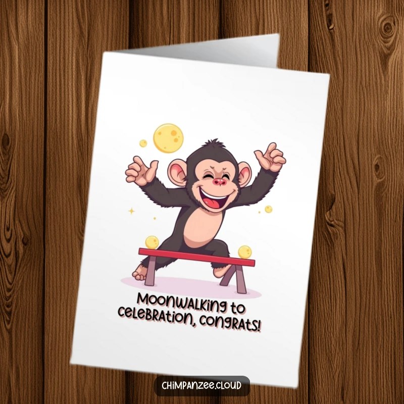 Funny Free Printable Congratulations Card: Giggling chimpanzee joyfully playing leapfrog with tiny moons, a stellar celebration.