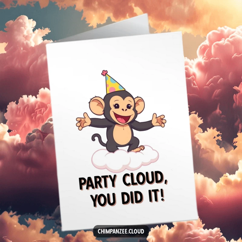 Funny Free Printable congratulations card: a cheerful chimpanzee in a party hat dances on a cloud.