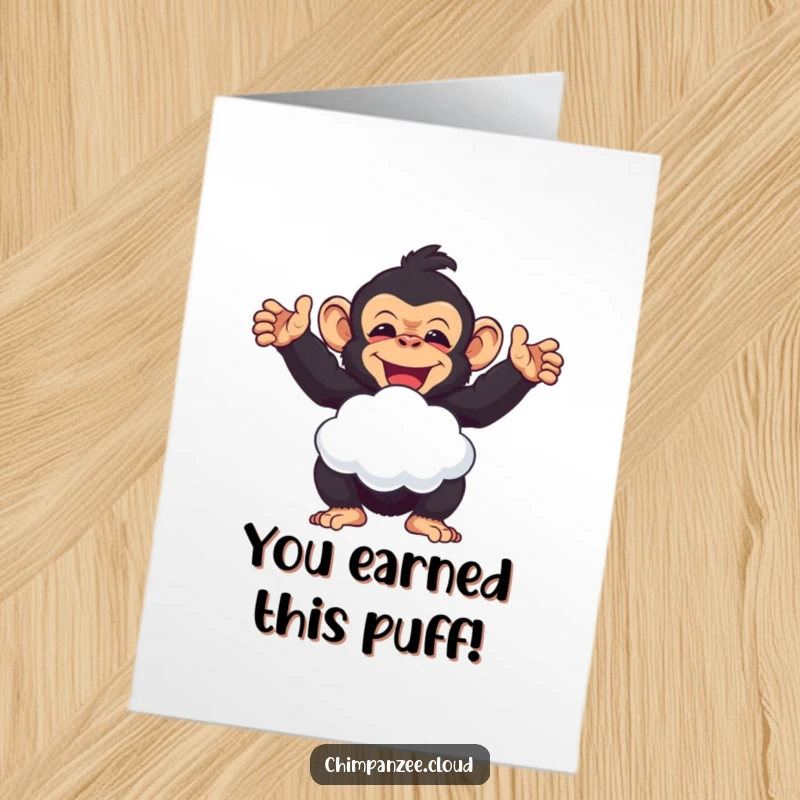 Funny Free Printable Congrats Card: A delighted chimpanzee joyfully offers a soft cloud puff in celebration.