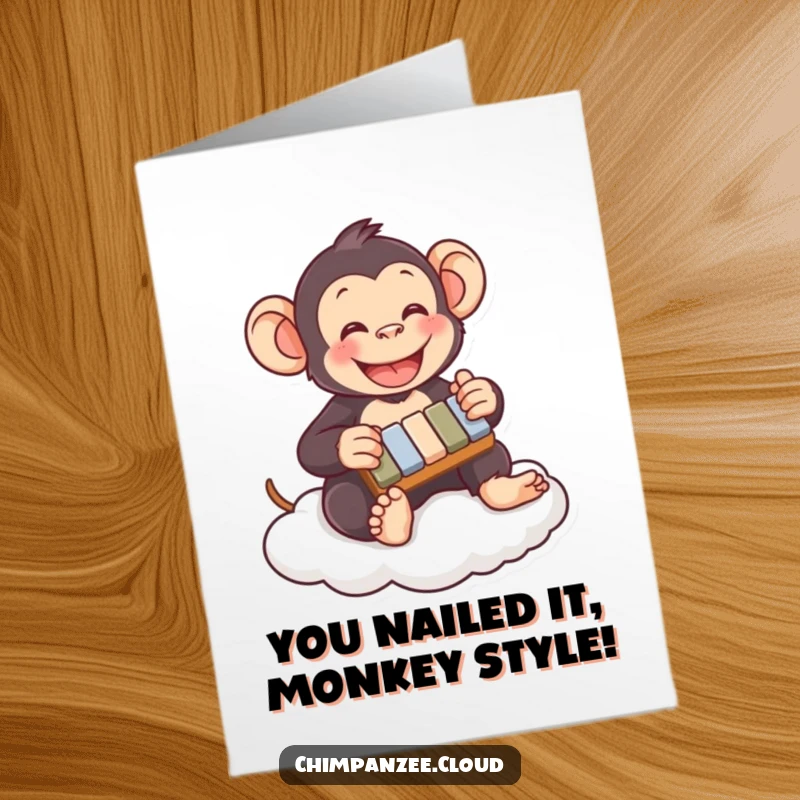 Funny Free Printable Congratulations Card: A cheerful chimpanzee joyfully playing a tiny xylophone atop a soft, white cloud.