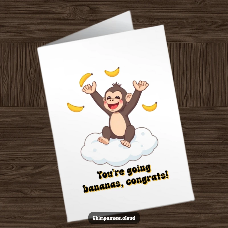 Funny Free Printable Congratulations Card: Happy chimpanzee juggling bananas while sitting on a fluffy cloud, a whimsical DIY gift.