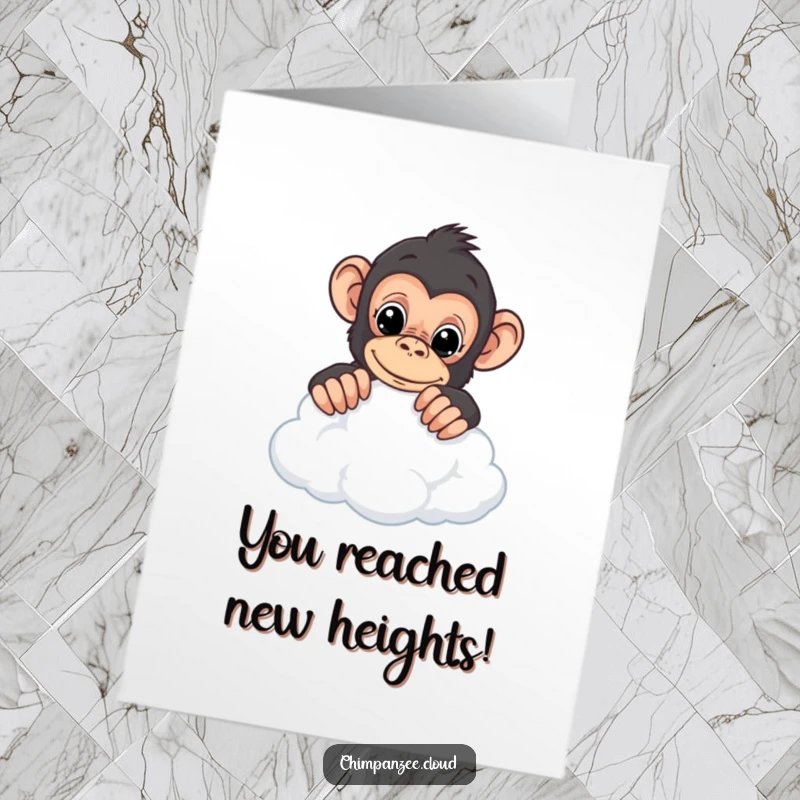 Funny Free Printable Congrats Card: Curious chimpanzee peering over a cloud's edge, celebrating a big accomplishment.