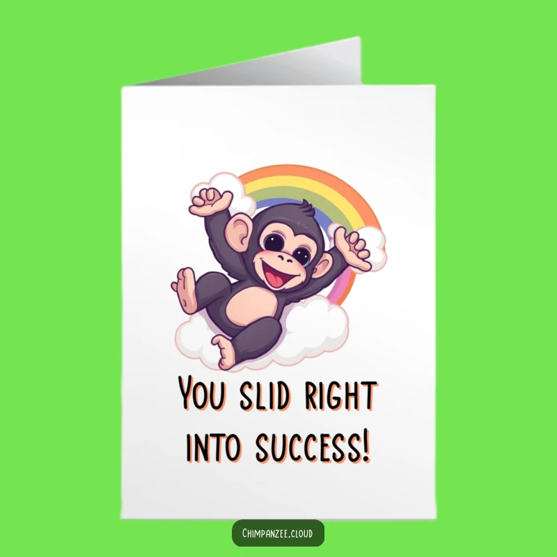 Free Printable Congrats Card: Playful Chimp Rainbow Slide - Cheerful Downloadable Gift