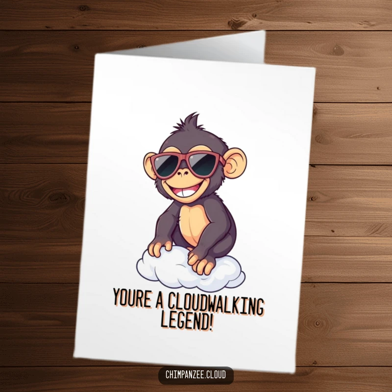 Funny Free Printable Congrats Card: Cool chimp wearing sunglasses balances on a cloud, celebrating your amazing achievement.