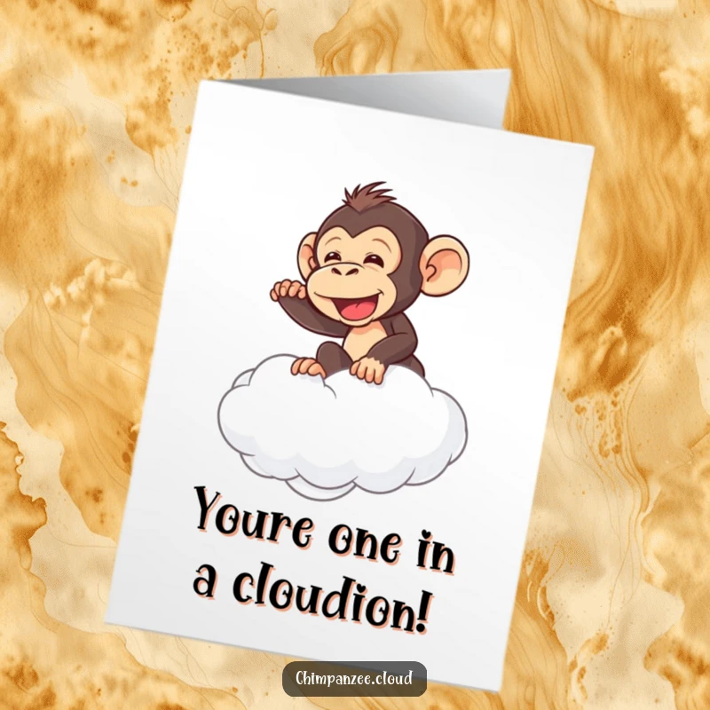 Funny Free Printable Congratulations Card: Mischievous chimpanzee gleefully tries to surf a fluffy cloud, celebrating success.