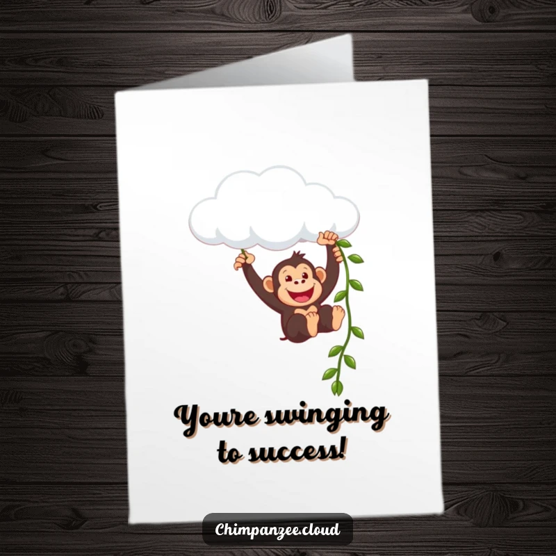 Funny Free Printable Congrats Card: Joyful chimpanzee swinging from a cloud, celebrating success with flair.
