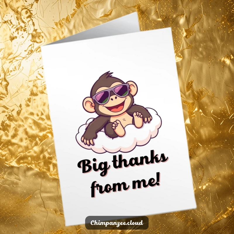 Funny Free Printable Thank You Card: Happy chimpanzee in sunglasses sliding down a cloud, conveying thanks coolly.