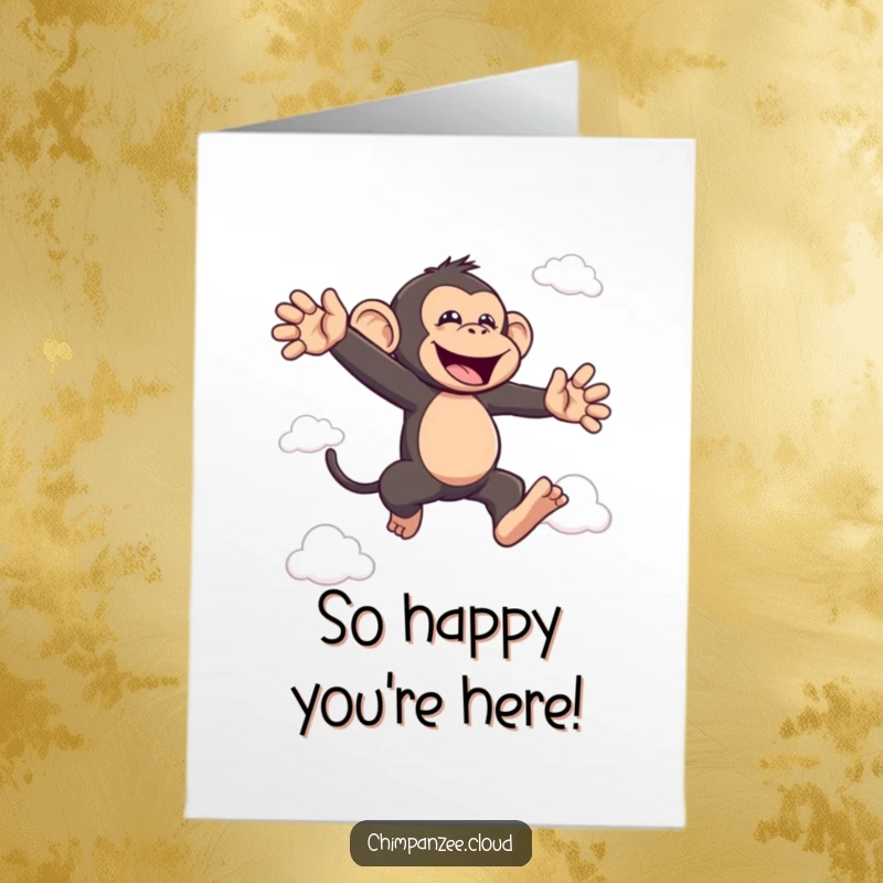 Funny Free Printable Thank You Card: A chimpanzee character joyfully leaping between clouds, sending thanks.