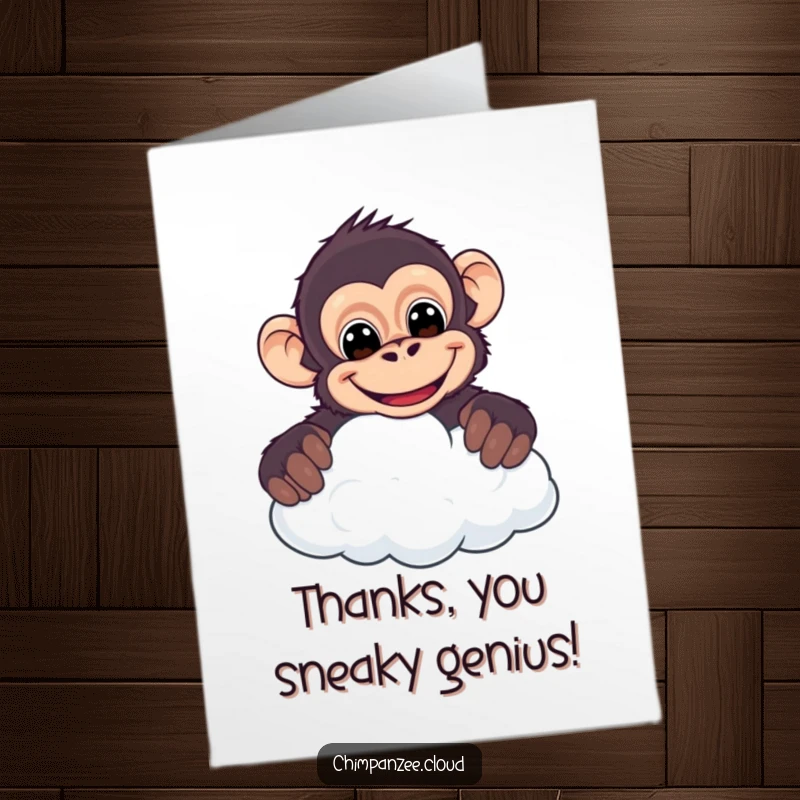 Funny Free Printable Thank You Card: A mischievous chimpanzee peeking over a cloud, giving a slightly cheeky grin.