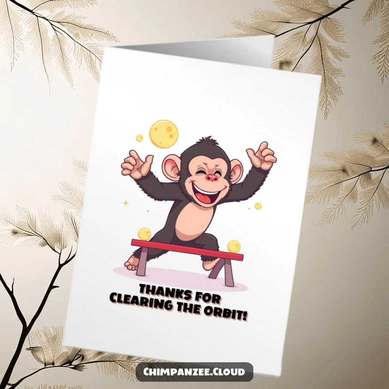 Funny Free Printable Thank You Card: Giggling chimpanzee leaping over small moons, a playful thanks in space.