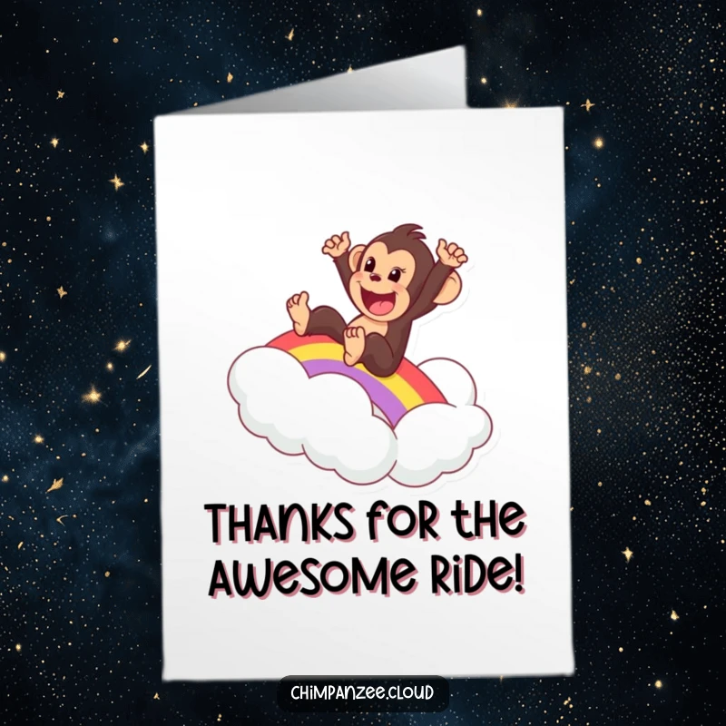 Funny Free Printable Thank You Card: A thrilled chimpanzee slides down a bright rainbow, landing gently on a welcoming cloud.