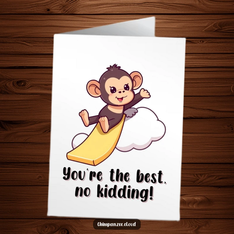 Funny Free Printable Thank You Card: A chimpanzee rides a cloud like a slide, looking happy and playful.
