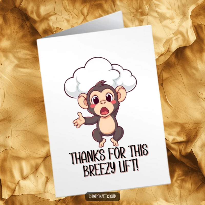 Funny Free Printable Thank You Card: Chimpanzee gently tossed by a cloud, conveying surprised gratitude.